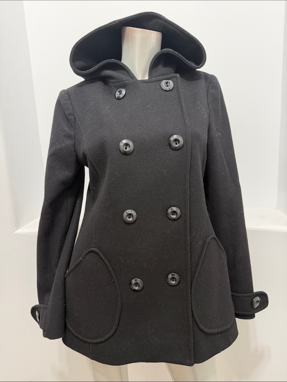 Herman Kay Womens M Black Wool Hooded Peacoat Double Breasted Jacket Coat